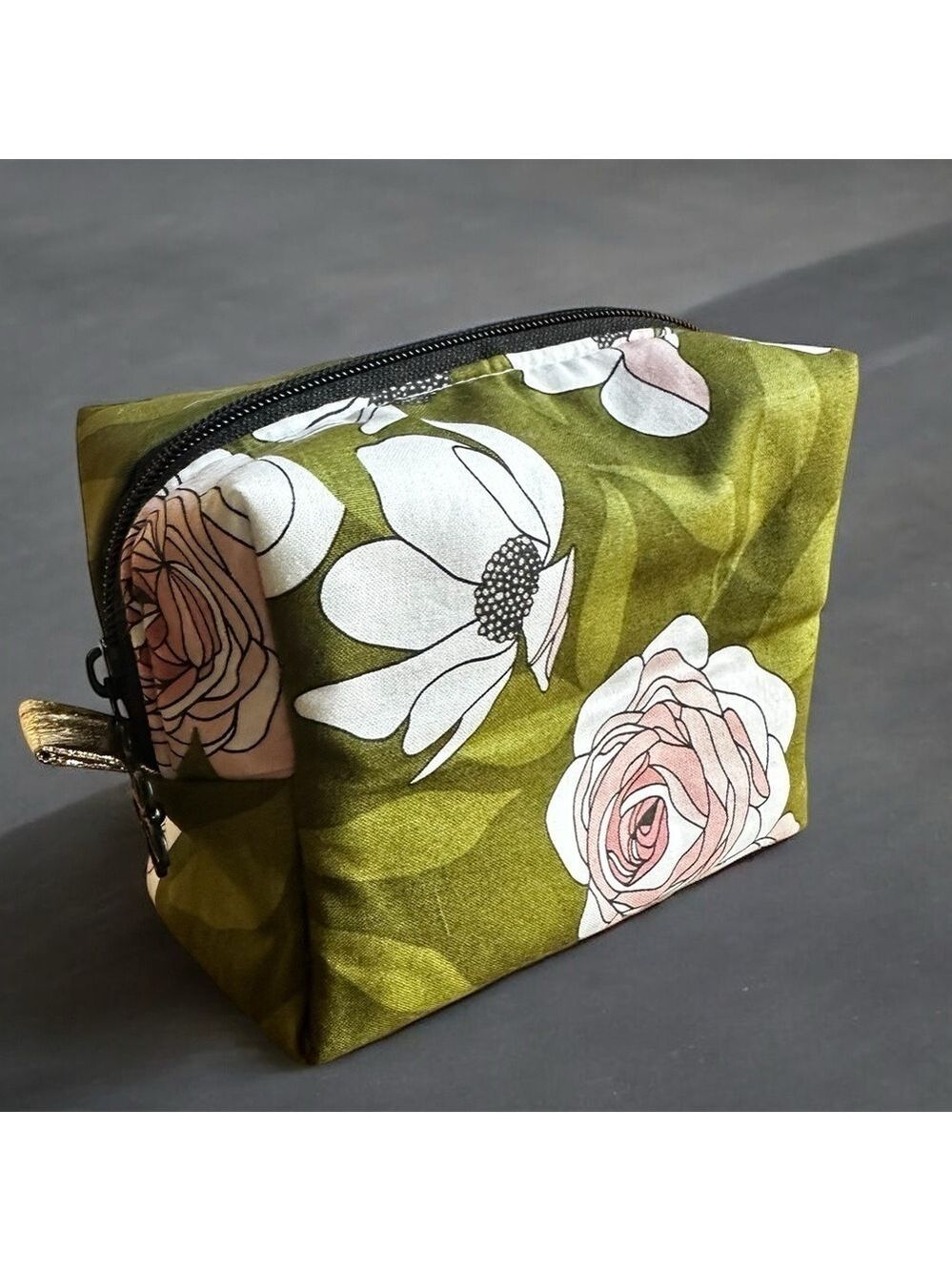 Handcrafted Cosmetic Bag-Green Multi-Color floral Exterior, Gold Interior New